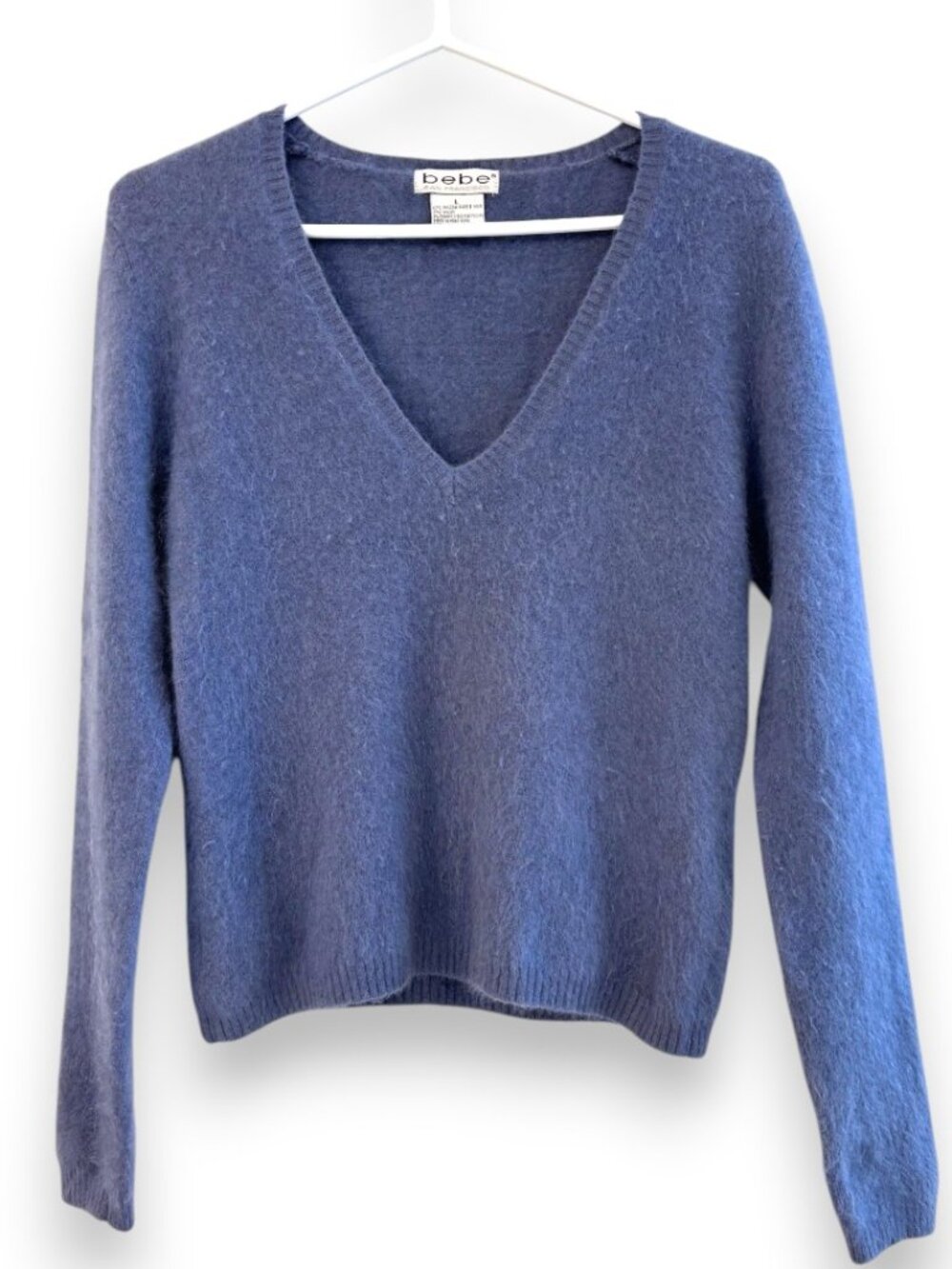 Vintage 90's bebe Angora Rabbit Sweater Periwinkle Blue V-Neck Fuzzy Grunge Y2K